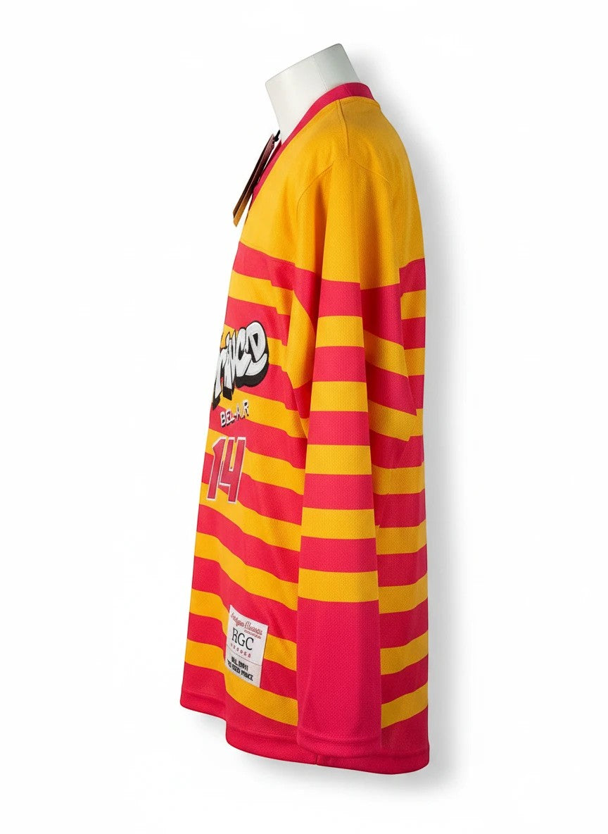 Throwback Rack yellow and hot pink striped hockey jersey with "The Fresh Prince of Bel-Air" logo and number 14.