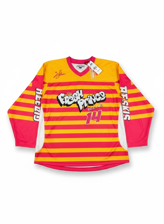 Throwback Rack yellow and pink striped hockey jersey with "The Fresh Prince of Bel-Air" logo and number 14.