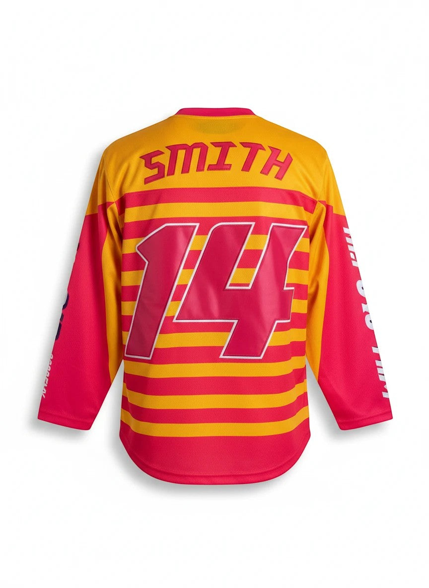 Throwback Rack The Fresh Prince of Bel-Air hockey jersey with yellow and pink stripes, "SMITH" and "14" on back.