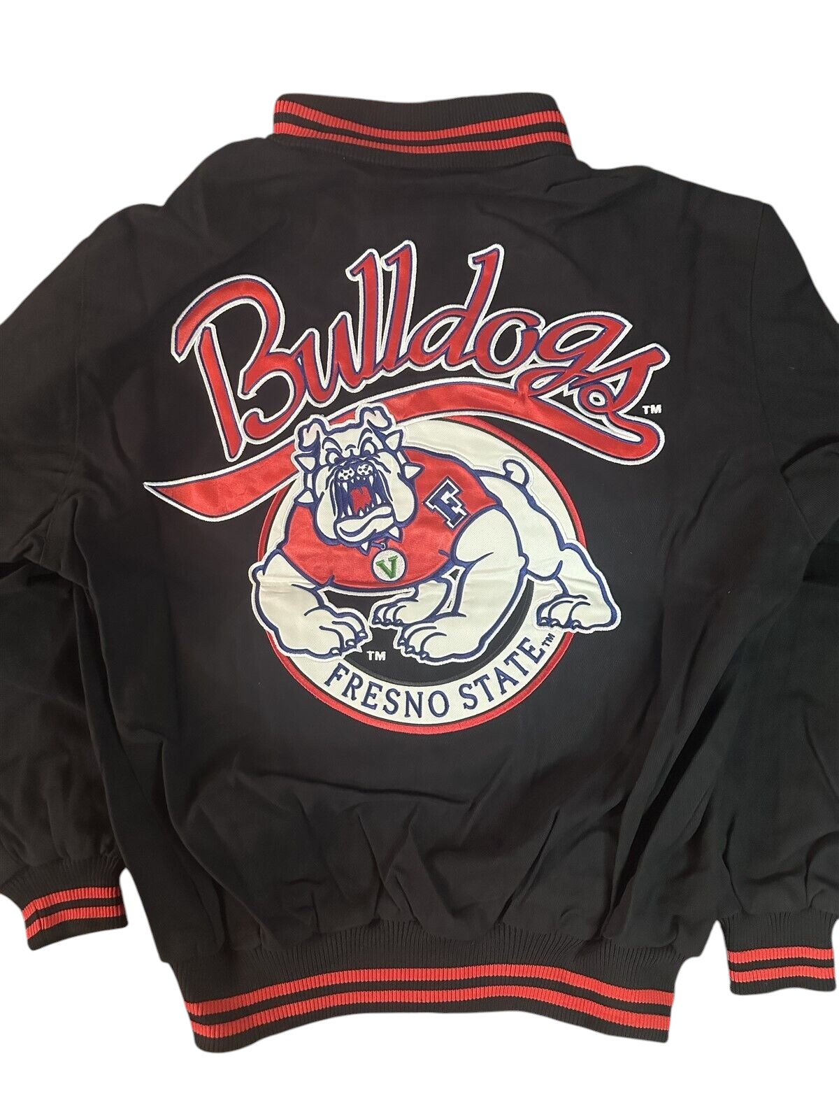 Throwback Rack black and red Fresno State Bulldogs varsity bomber jacket with large embroidered mascot back graphic