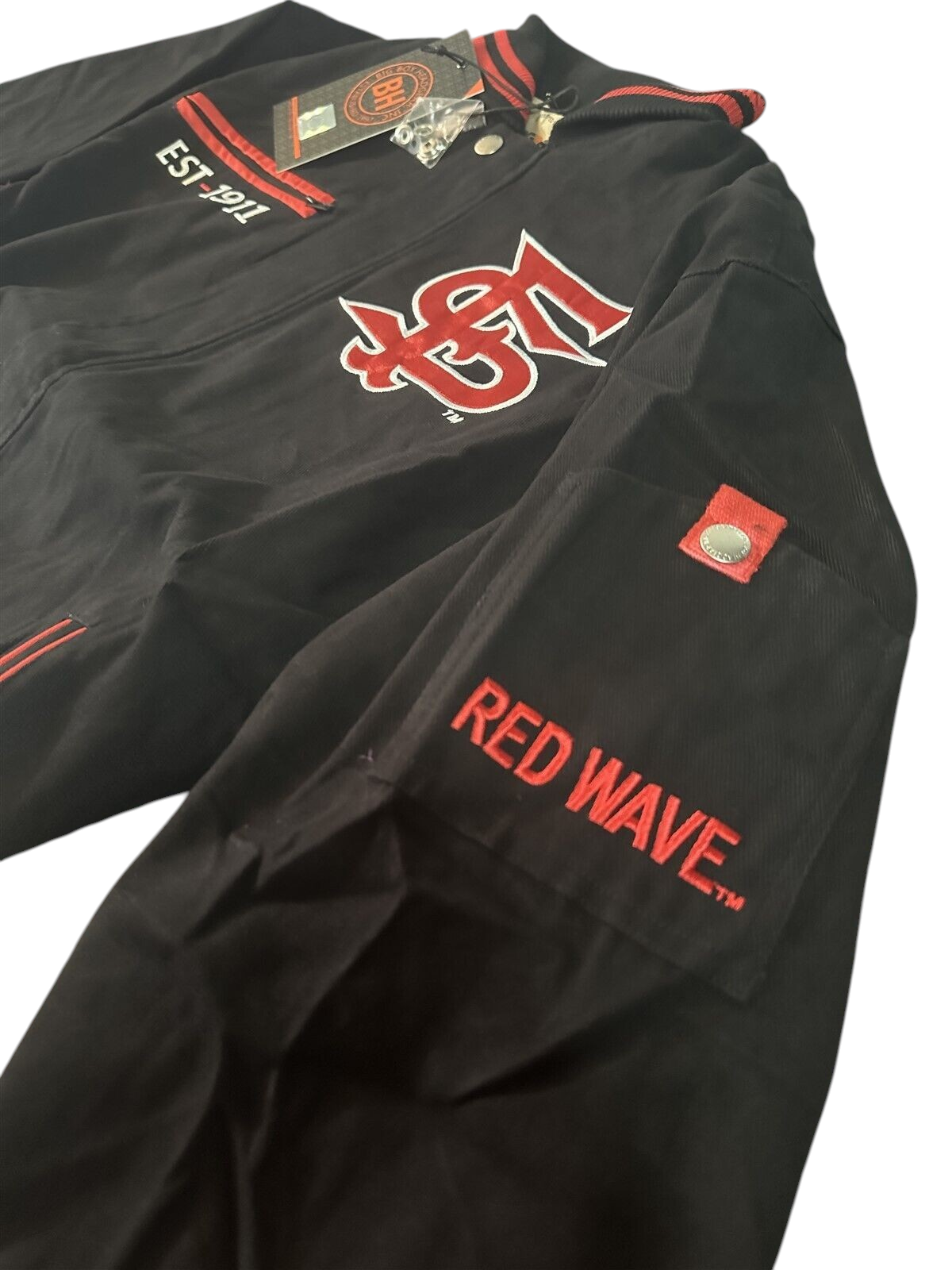Throwback Rack Fresno State Bulldogs black and red varsity bomber jacket with embroidered Red Wave sleeve branding