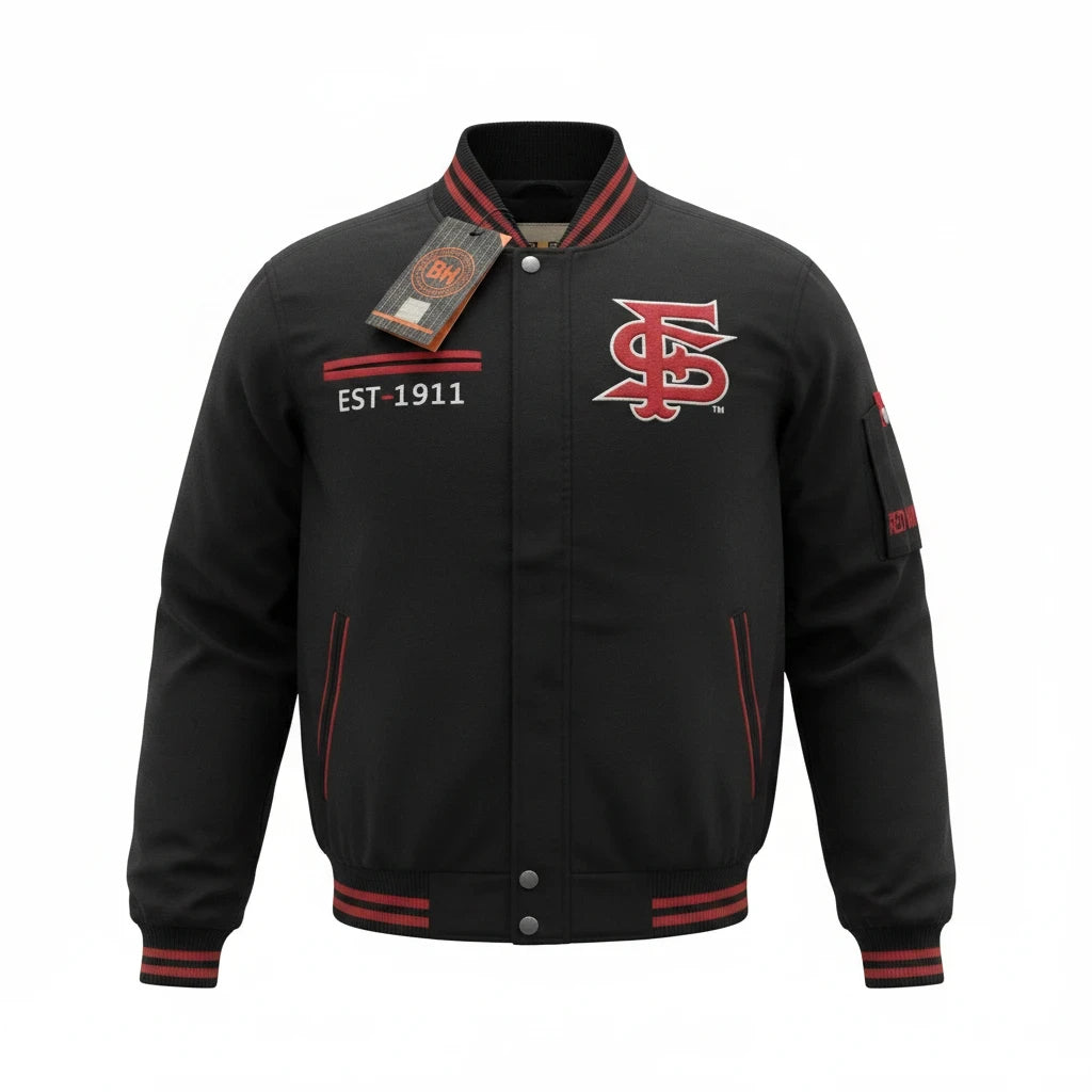 Throwback Rack Fresno State Bulldogs black and red varsity bomber jacket with embroidered logo and striped trim