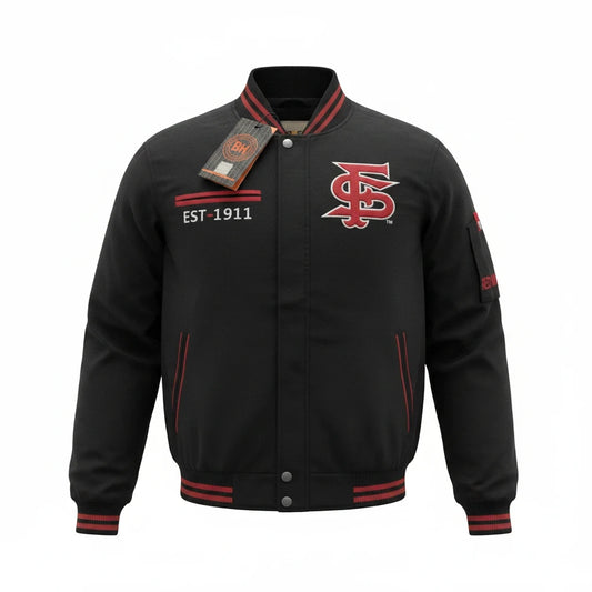 Throwback Rack Fresno State Bulldogs black and red varsity bomber jacket with embroidered logo and striped trim