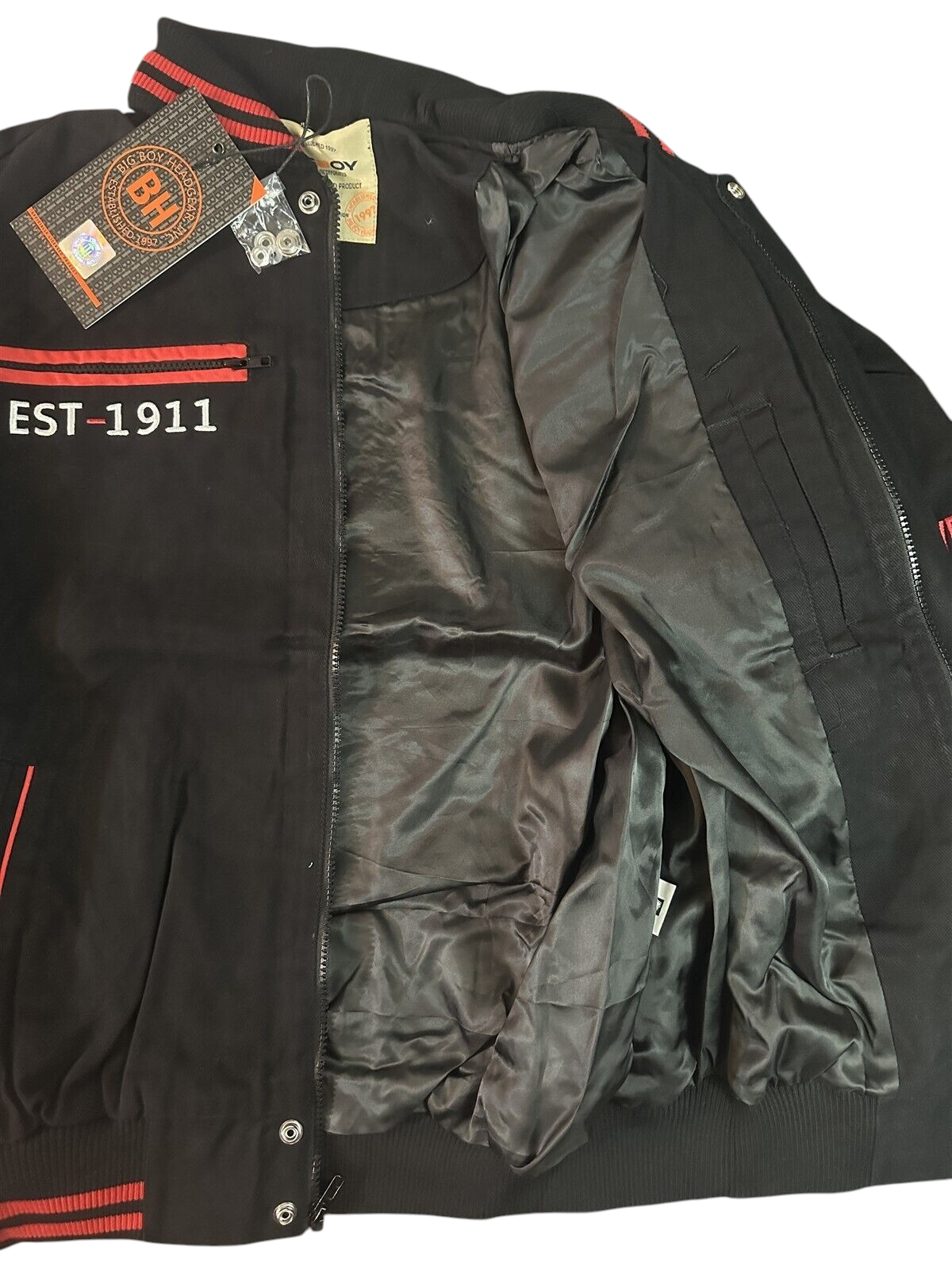 Throwback Rack Fresno State Bulldogs varsity bomber jacket in black with red accents and EST-1911 embroidery
