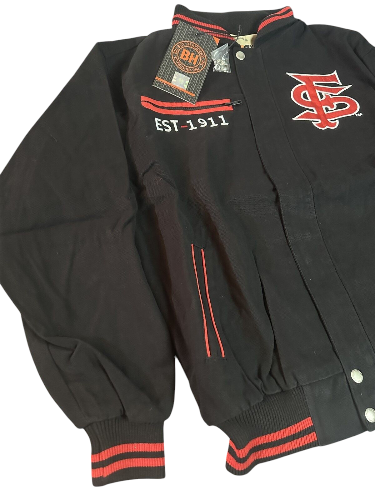 Throwback Rack Fresno State Bulldogs varsity bomber jacket in black with red striped ribbed trim and logo embroidery.