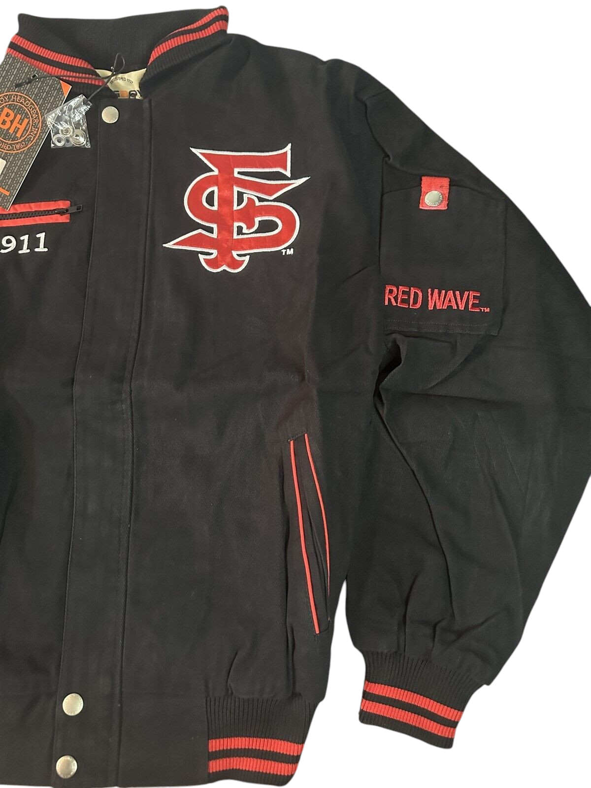 Throwback Rack Fresno State Bulldogs varsity bomber jacket in black and red with embroidered logo and sleeve details.