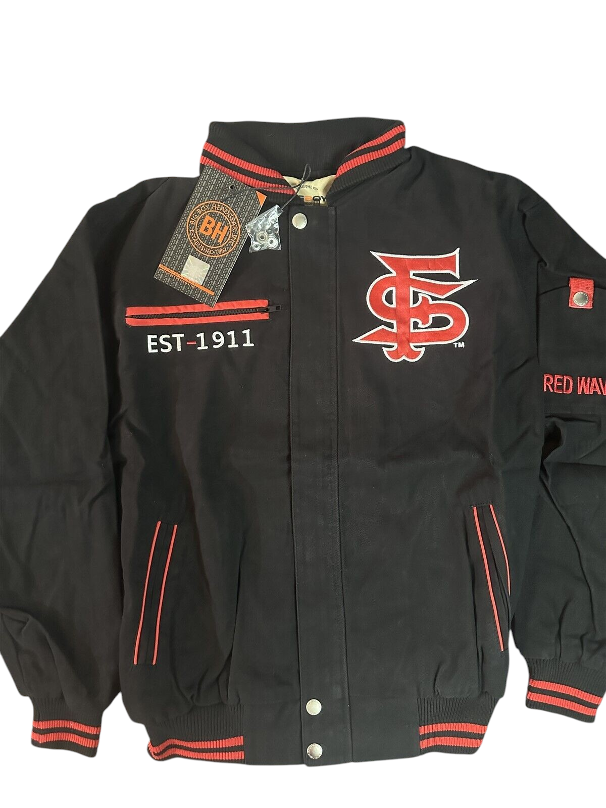 Throwback Rack Fresno State Bulldogs varsity bomber jacket in black and red with embroidered logo and EST-1911 text.