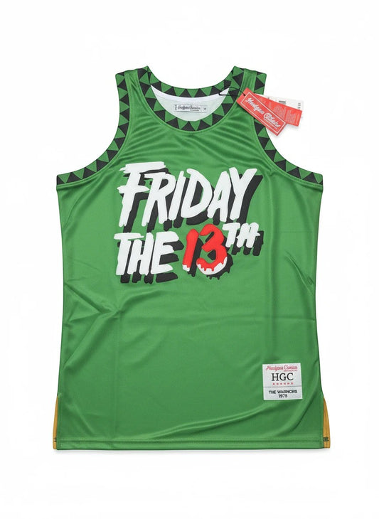 Throwback Rack Friday the 13th green mesh basketball jersey with white and red embroidered graphic lettering