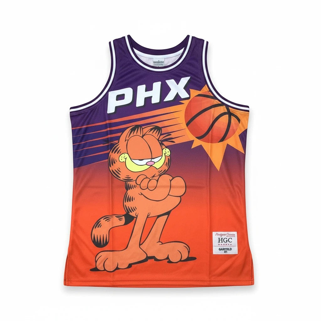 Throwback Rack Garfield Phoenix Suns basketball jersey in purple and orange mesh with embroidered PHX graphic