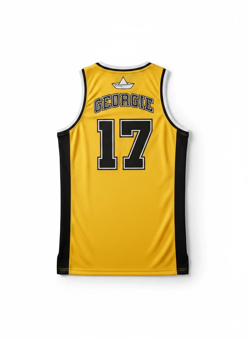 Back view of Throwback Rack yellow Georgie basketball jersey with black trim, number 17, and paper boat graphic.