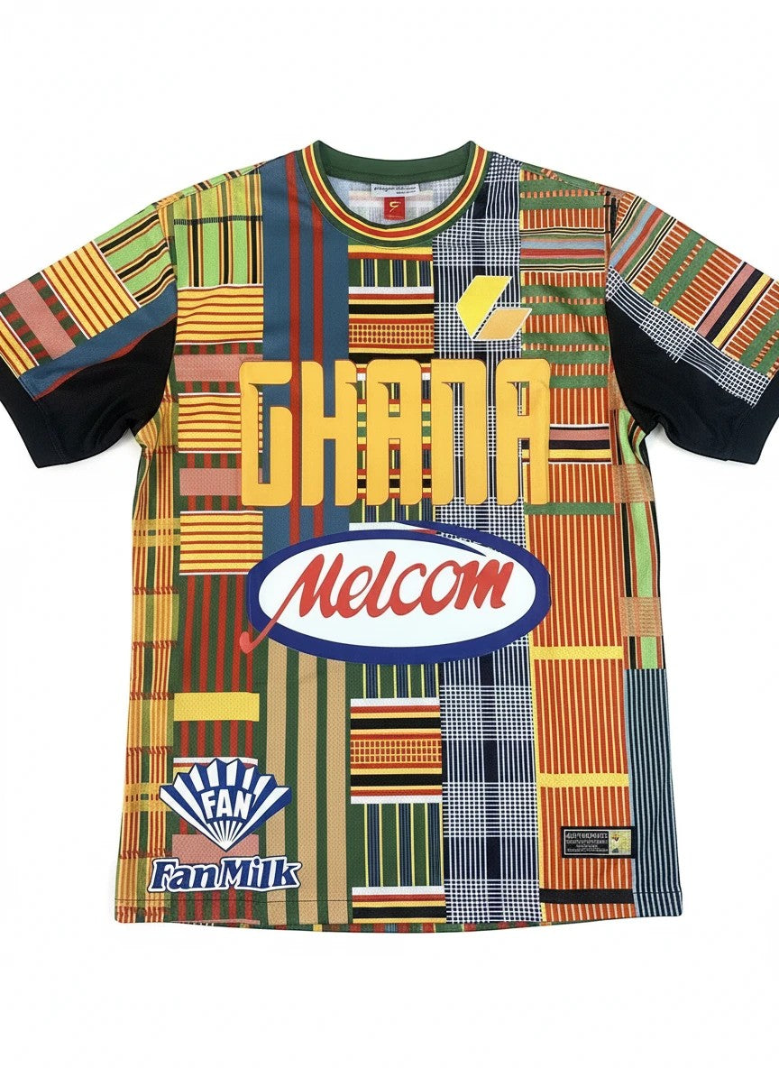 Throwback Rack Ghana Kente Cloth Soccer Jersey with patchwork design, yellow "GHANA" text, and sponsor logos.