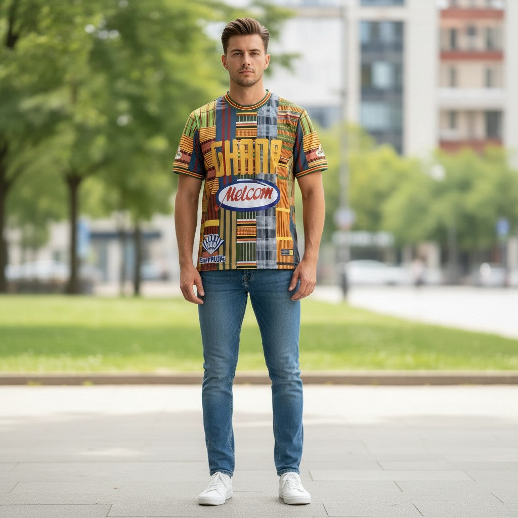 Throwback Rack Ghana Kente Cloth Soccer Jersey with bold patchwork design, yellow "GHANA" text, and "Melcom" logo.