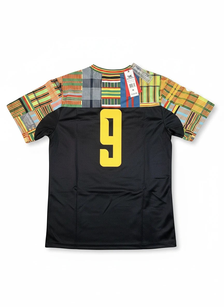 Throwback Rack Ghana World Cup Soccer Jersey with Kente cloth patchwork on sleeves and upper back, featuring a large yellow number 9.