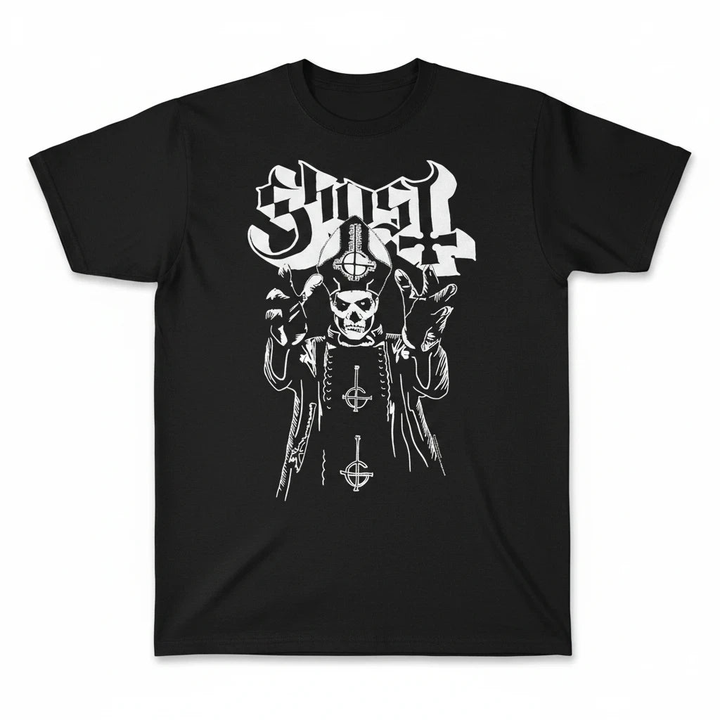 Throwback Rack black crewneck t-shirt featuring a white graphic print of Papa Emeritus from the band Ghost.