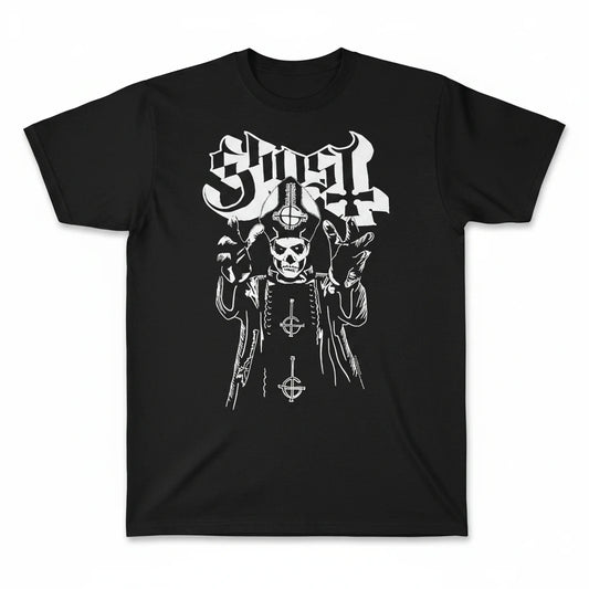 Throwback Rack black crewneck t-shirt featuring a white graphic print of Papa Emeritus from the band Ghost.