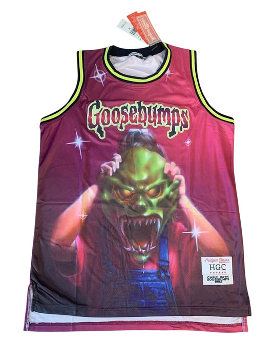 Throwback Rack Goosebumps Carly Beth basketball jersey in red mesh with a Haunted Mask graphic and neon yellow trim.