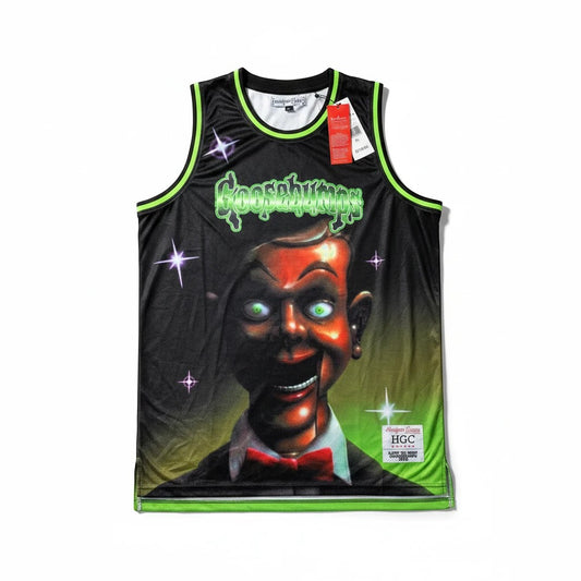 Throwback Rack Goosebumps Slappy basketball jersey in black with green trim and embroidered character graphic