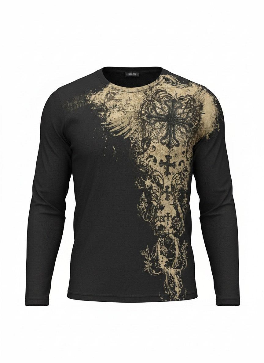 Throwback Rack black long sleeve shirt with distressed cross and wing graphic on front. Y2K style.