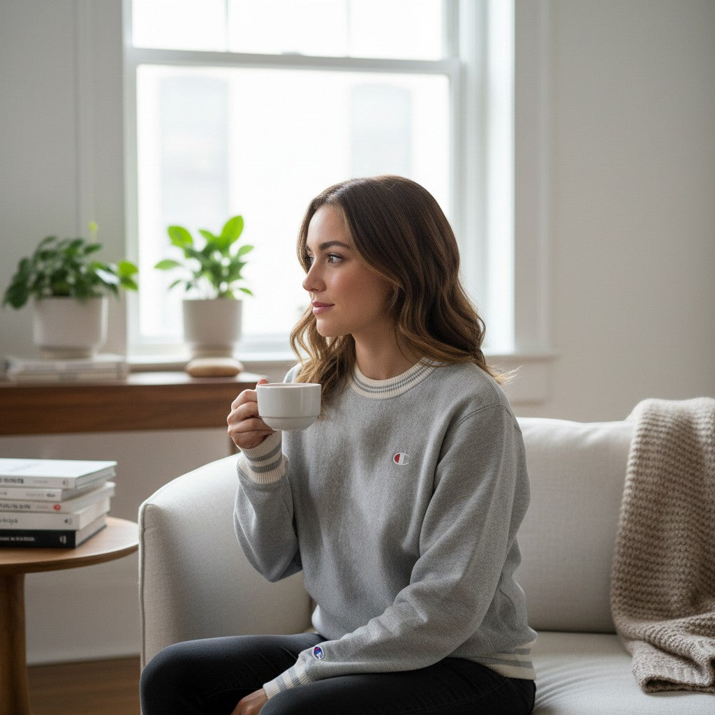 Throwback Rack woman wearing a light gray Champion Reverse Weave crewneck sweatshirt with embroidered logo, holding a mug.