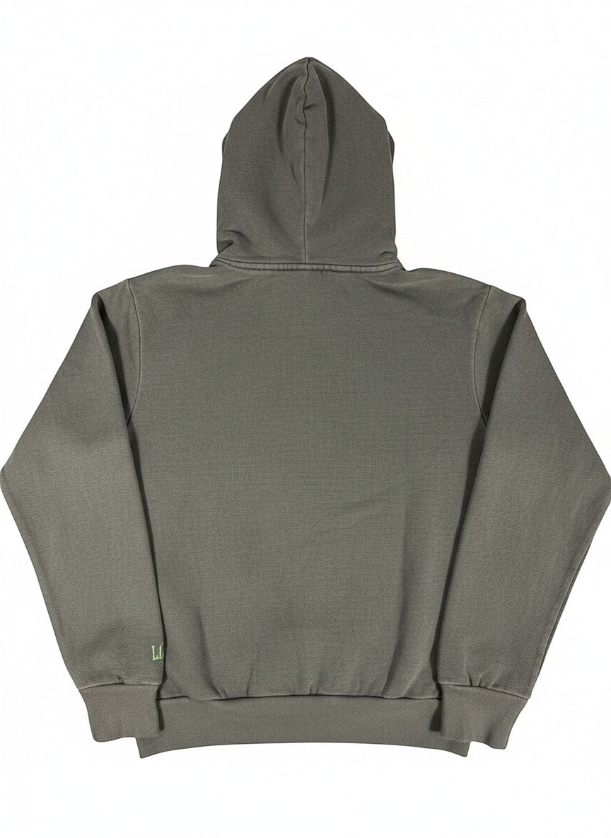 Throwback Rack gray cotton hoodie with subtle green embroidery on the left sleeve.