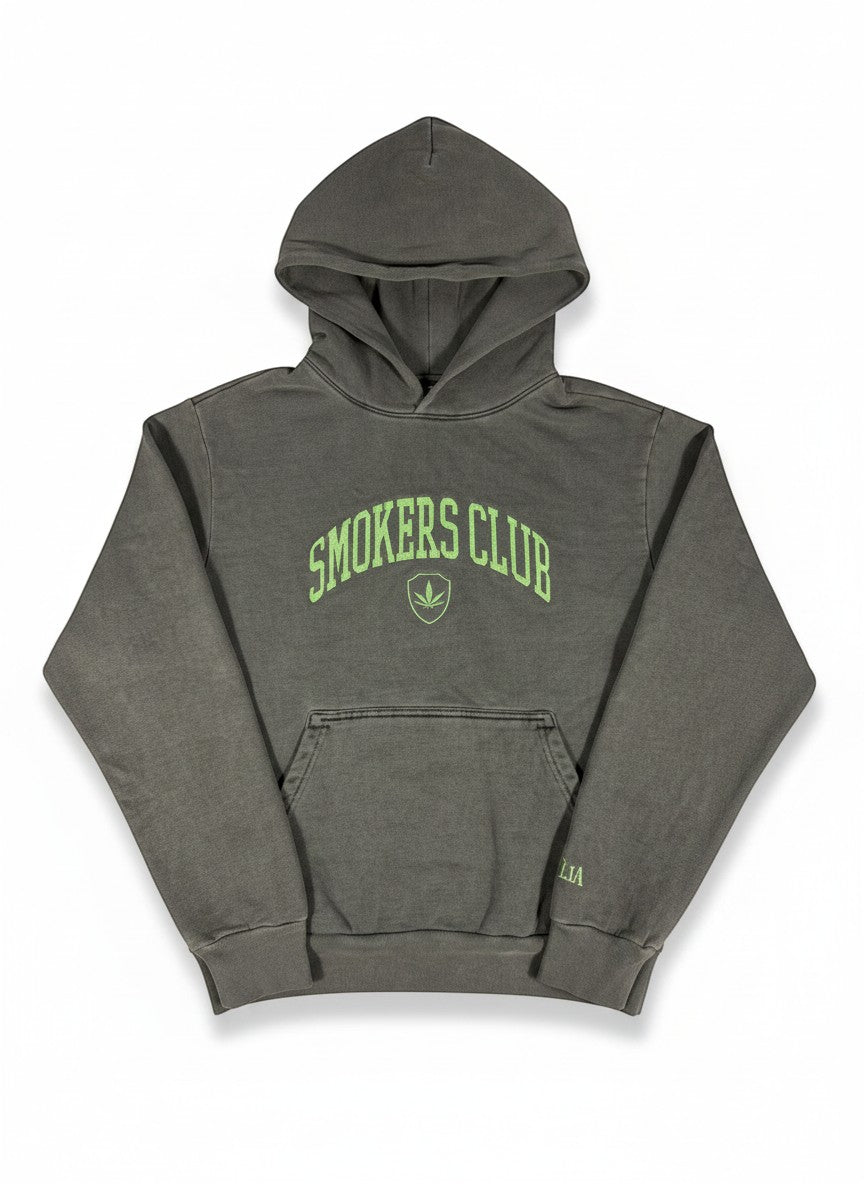 Throwback Rack gray cotton hoodie with green embroidered "Smokers Club" text and leaf logo on the chest.