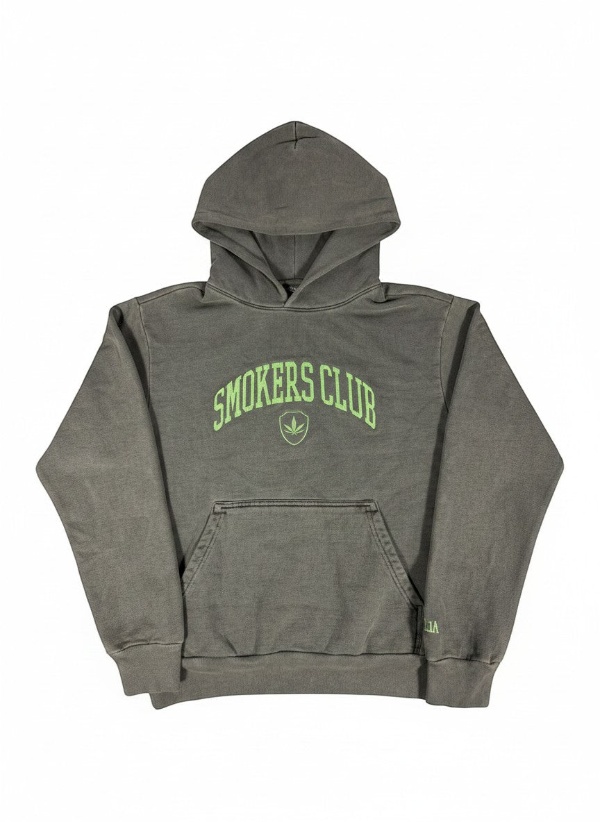 Throwback Rack gray cotton hoodie with green "Smokers Club" embroidery and a leaf logo.