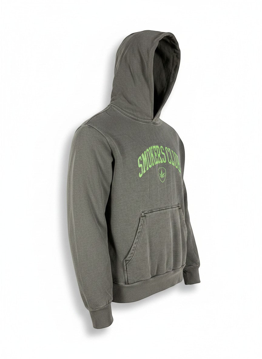 Throwback Rack gray cotton hoodie with green embroidered "Smokers Club" logo and leaf emblem on chest, featuring a front pocket and hood.