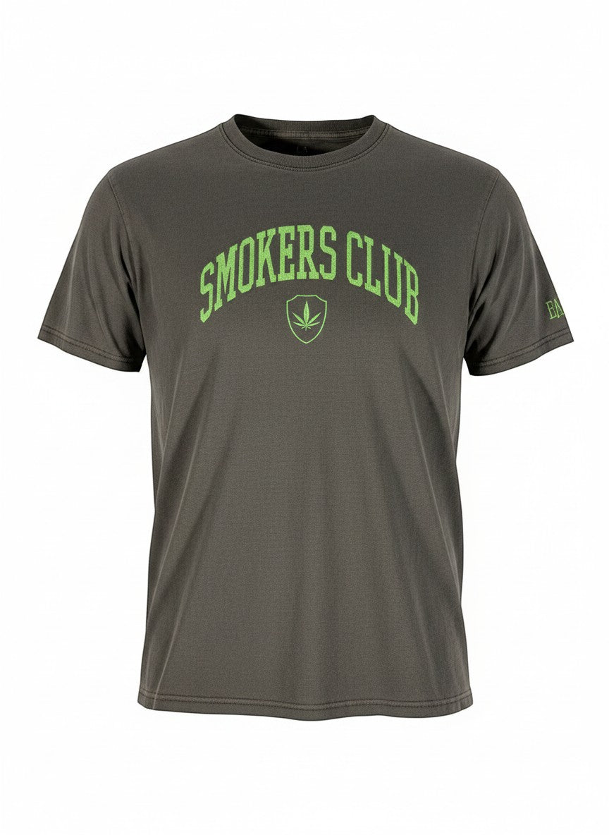 Throwback Rack gray cotton t-shirt with green embroidered "Smokers Club" text and a shield logo with a leaf.