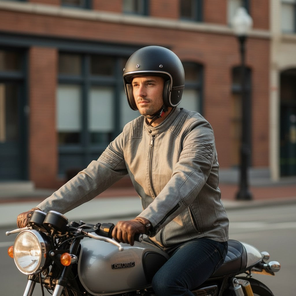 Throwback Rack gray faux leather motorcycle jacket worn by a man riding a motorcycle. Features zippered pockets and a stand-up collar.