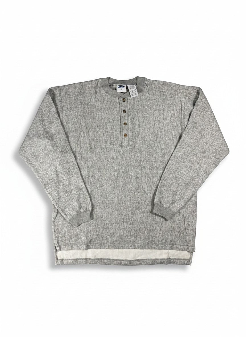 Throwback Rack plain gray ribbed henley sweatshirt with button closure and contrast hem. Size L.
