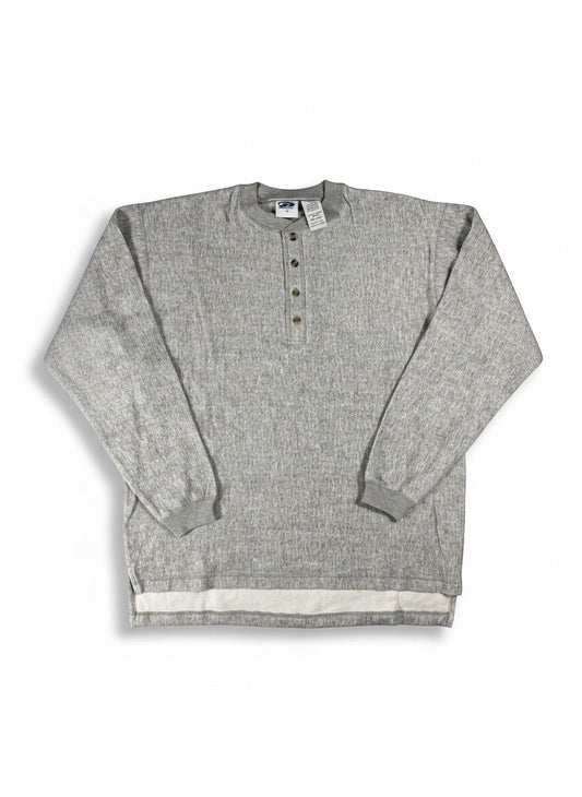 Throwback Rack plain gray ribbed henley sweatshirt with button closure and contrast hem. Size L.