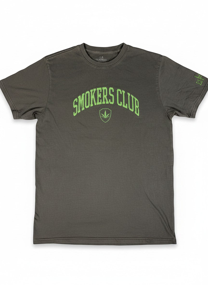 Throwback Rack gray t-shirt with green embroidered "Smokers Club" text and a cannabis leaf shield logo.