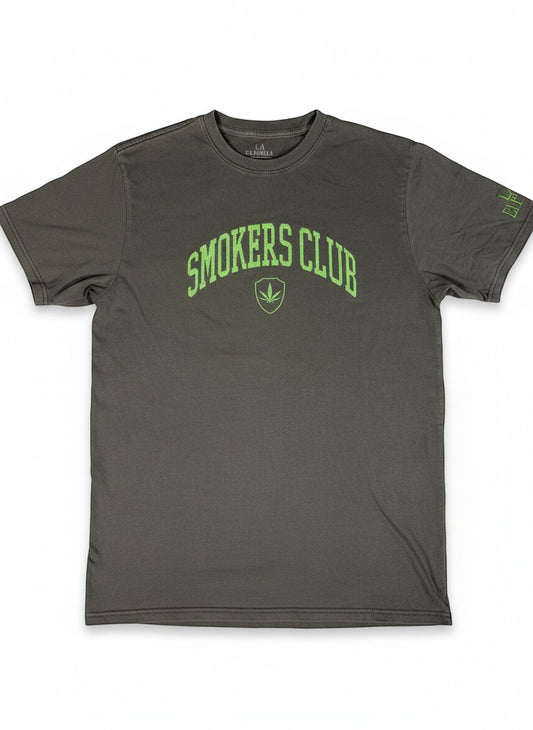 Throwback Rack gray t-shirt with green embroidered "Smokers Club" text and a cannabis leaf shield logo.