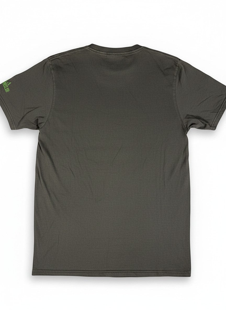 Throwback Rack gray cotton t-shirt with green "Smokers Club" embroidery on the left sleeve.