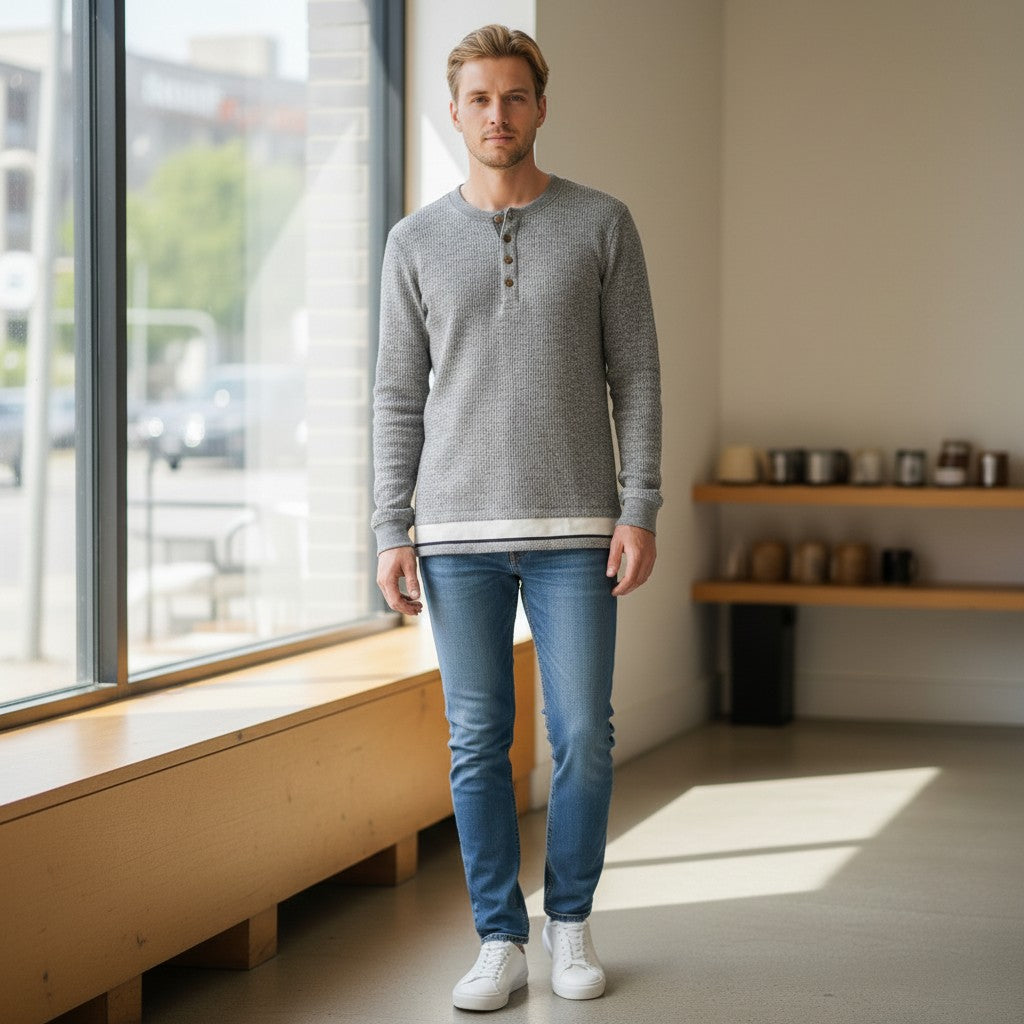Throwback Rack gray waffle knit henley sweatshirt with button detail and striped hem. Model wears size L.
