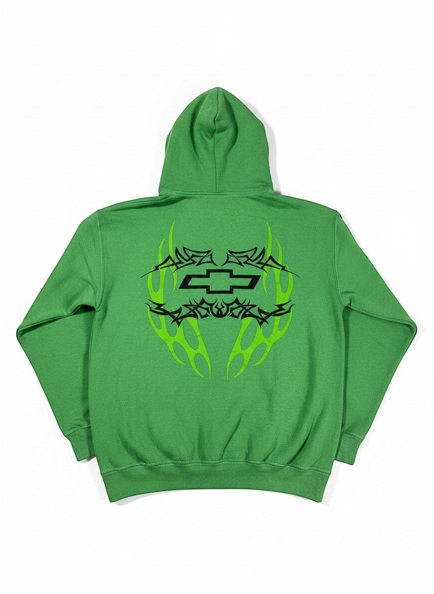 Throwback Rack green Chevrolet Racing hoodie with tribal flame graphics and Chevy logo on back. Cotton blend.