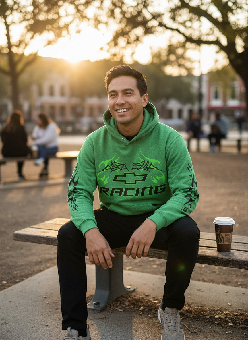 Throwback Rack green Chevrolet Racing hoodie with tribal flame accents on sleeves and chest logo. Model is wearing black pants and grey sneakers.