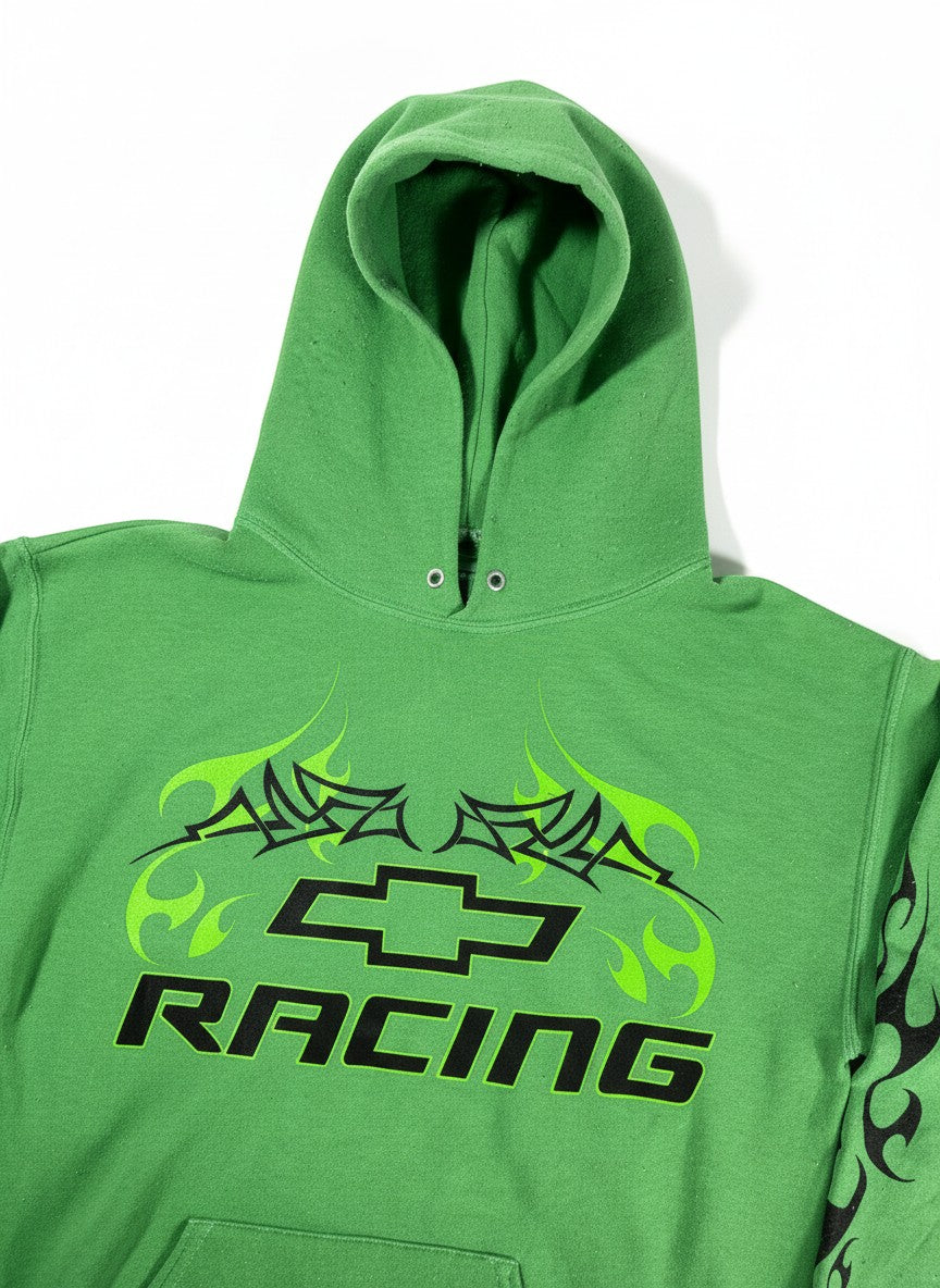 Throwback Rack green Chevrolet Racing hoodie with black and neon green flame graphics. Cotton blend fabric.