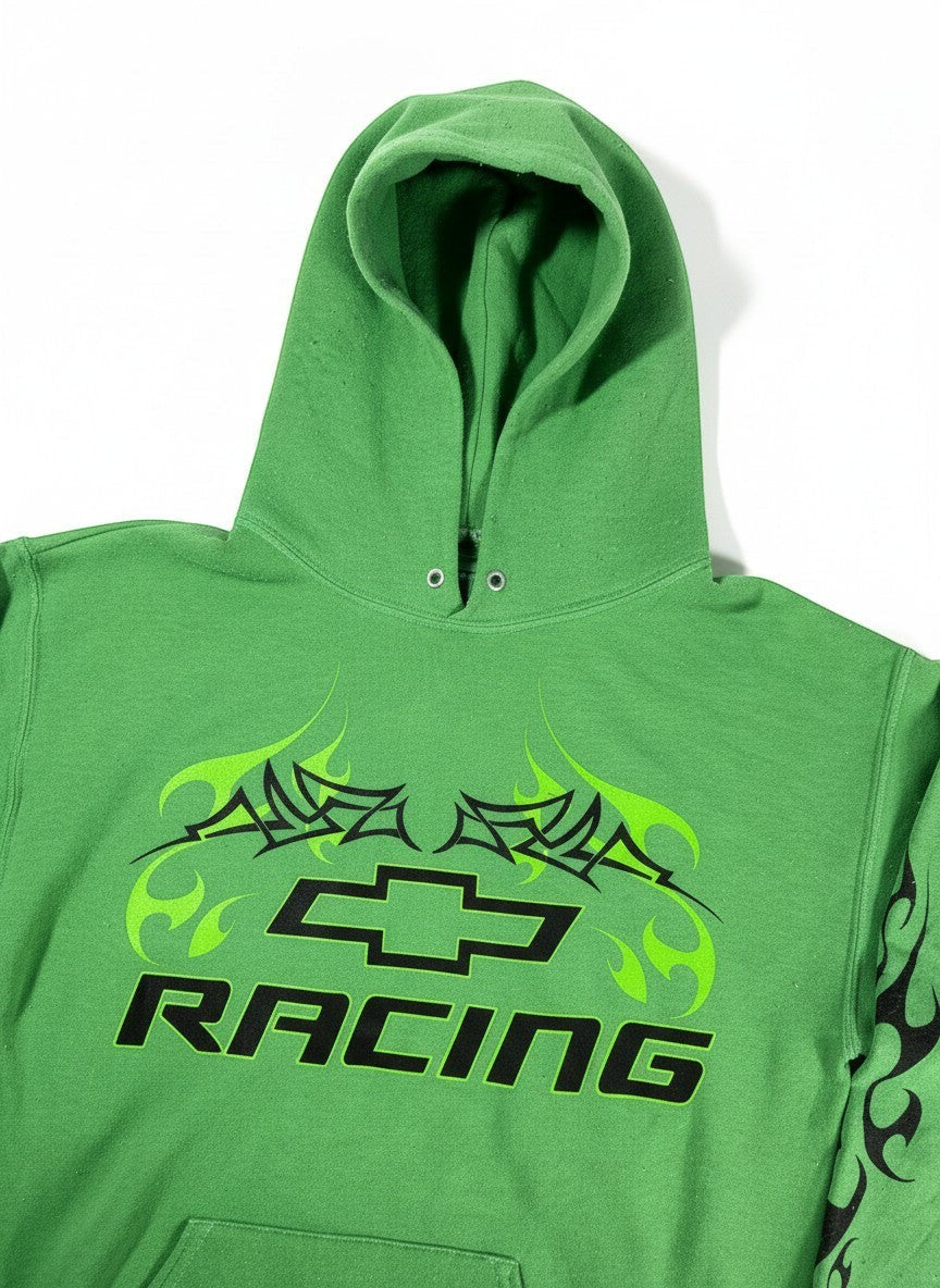 Throwback Rack green Chevrolet Racing hoodie with black and neon green flame graphics. Cotton blend fabric.