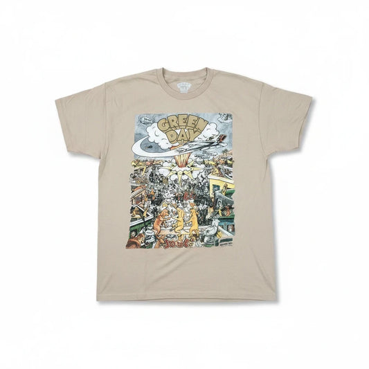 Throwback Rack tan cotton t-shirt featuring the iconic Green Day Dookie album cover graphic print on the front.