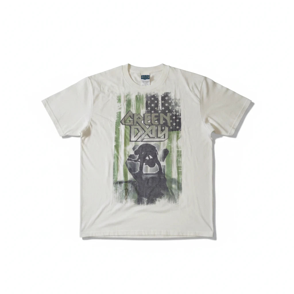 Throwback Rack vintage 2007 Green Day crewneck t-shirt in off-white with a distressed American flag graphic print