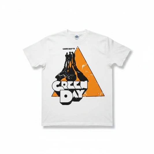 Throwback Rack vintage 2010 Green Day white graphic t-shirt featuring a distressed orange triangle and band silhouette.