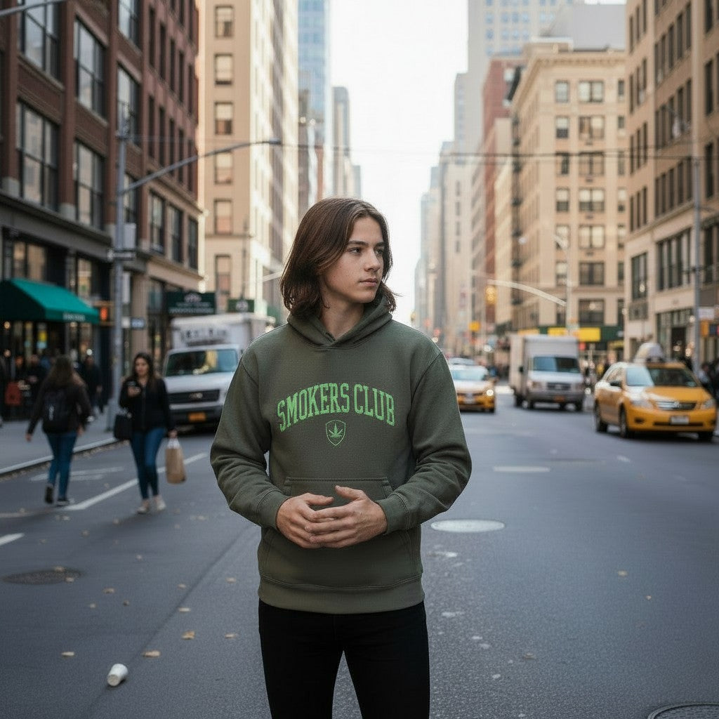 Throwback Rack olive green cotton hoodie with embroidered 'Smokers Club' logo and cannabis leaf detail.