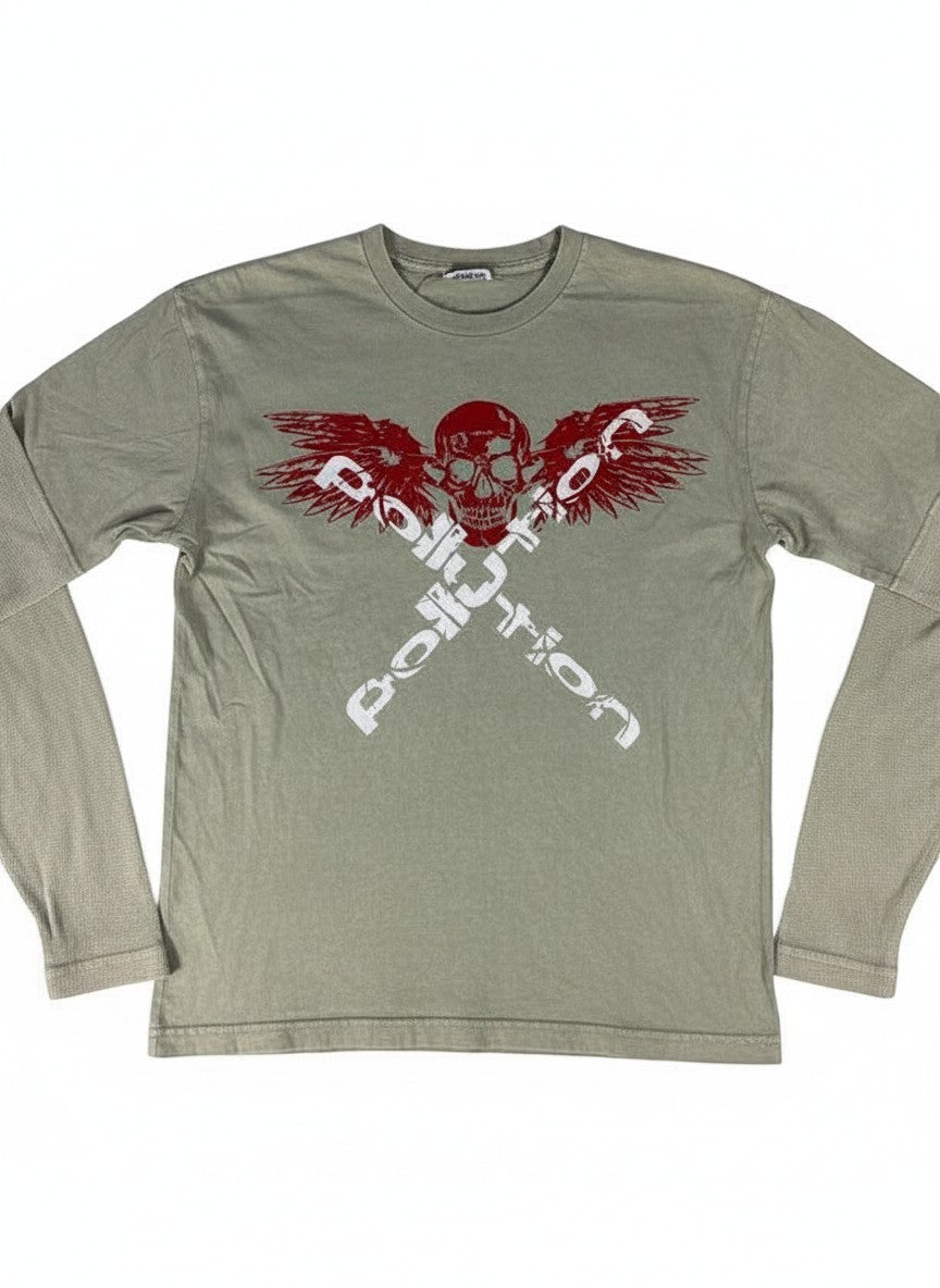 Throwback Rack olive green long sleeve t-shirt with red skull and wings graphic and white 'Pollution' text.