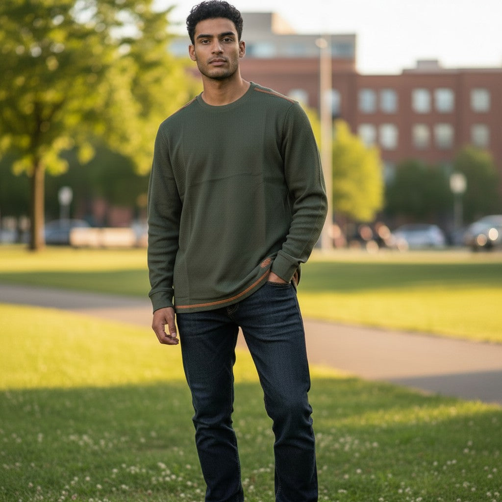 Throwback Rack green waffle-knit thermal long sleeve shirt with orange trim detail on shoulders and hem. Model wears dark wash jeans.