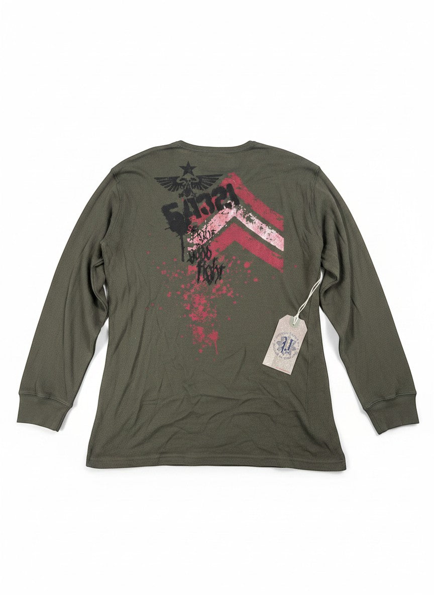 Throwback Rack olive green Y2K thermal long sleeve shirt with distressed graphic print and red accents on back.