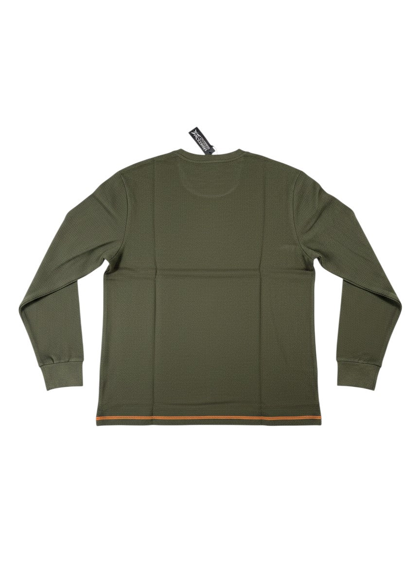 Throwback Rack green waffle-knit thermal long sleeve shirt with orange stitching detail at hem.