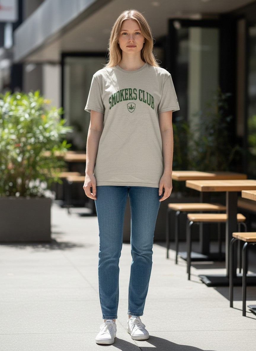 Throwback Rack light grey t-shirt with green "Smokers Club" embroidery and a cannabis leaf emblem.