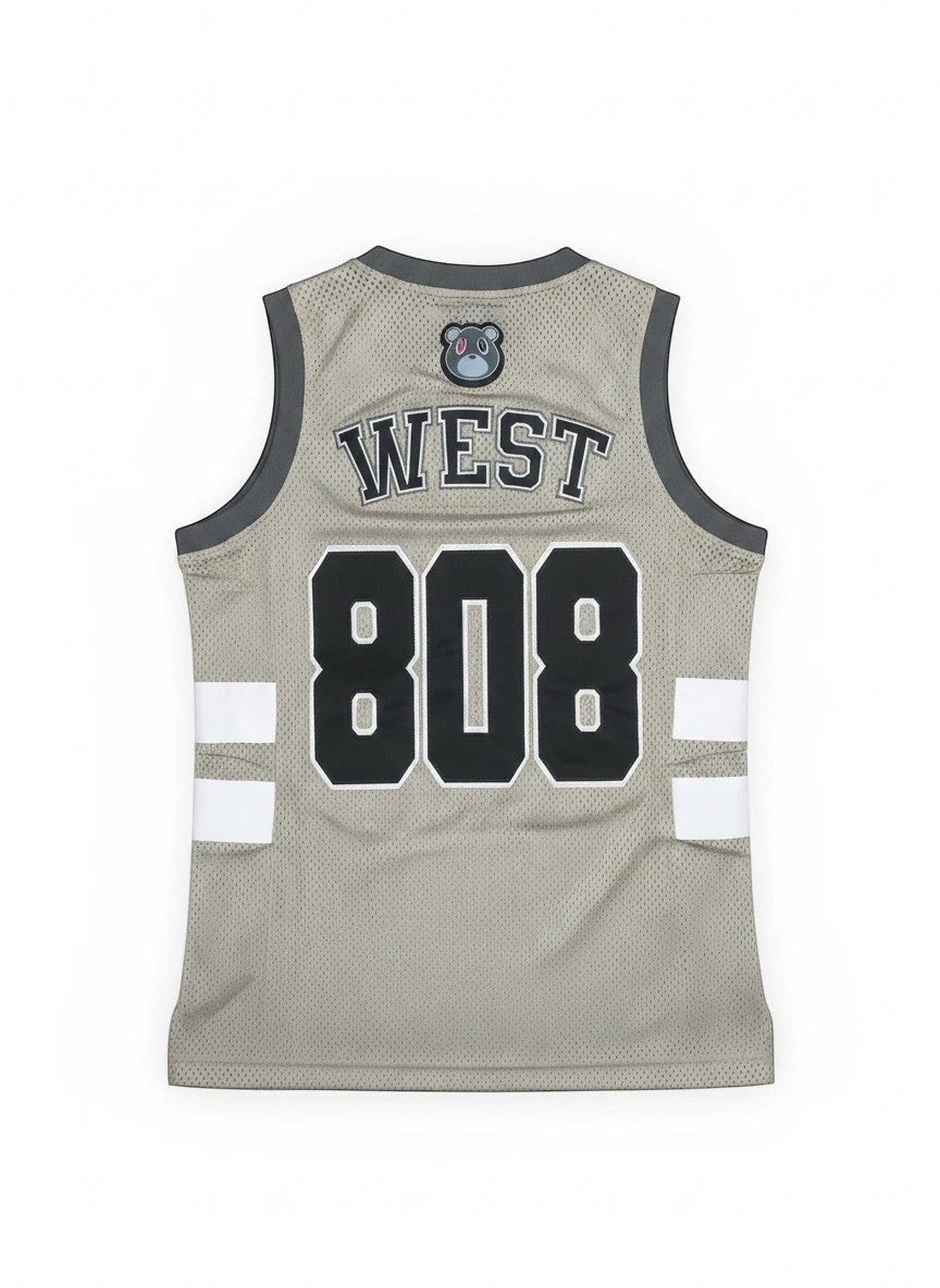Throwback Rack grey mesh basketball jersey with black 808 lettering and bear graphic on the back