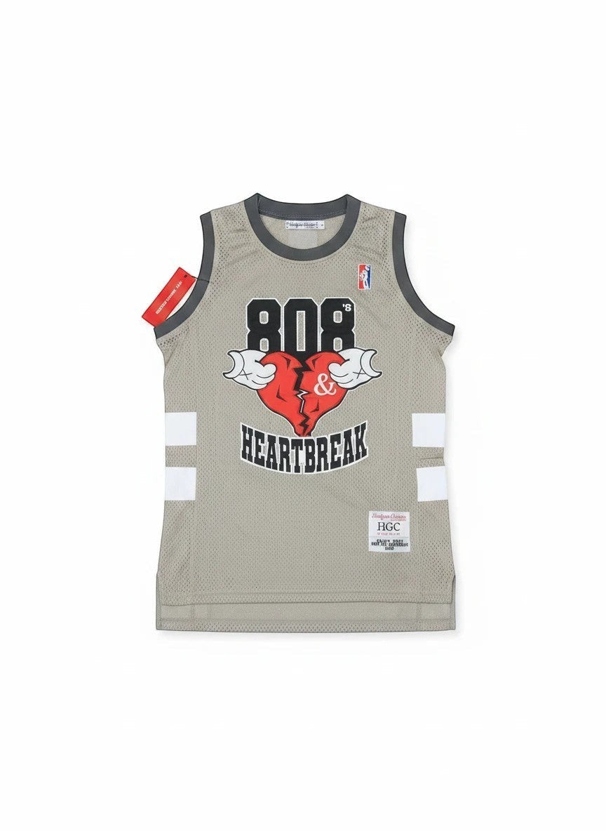 Throwback Rack grey polyester mesh basketball jersey with 808 and Heartbreak graphic print and ribbed collar